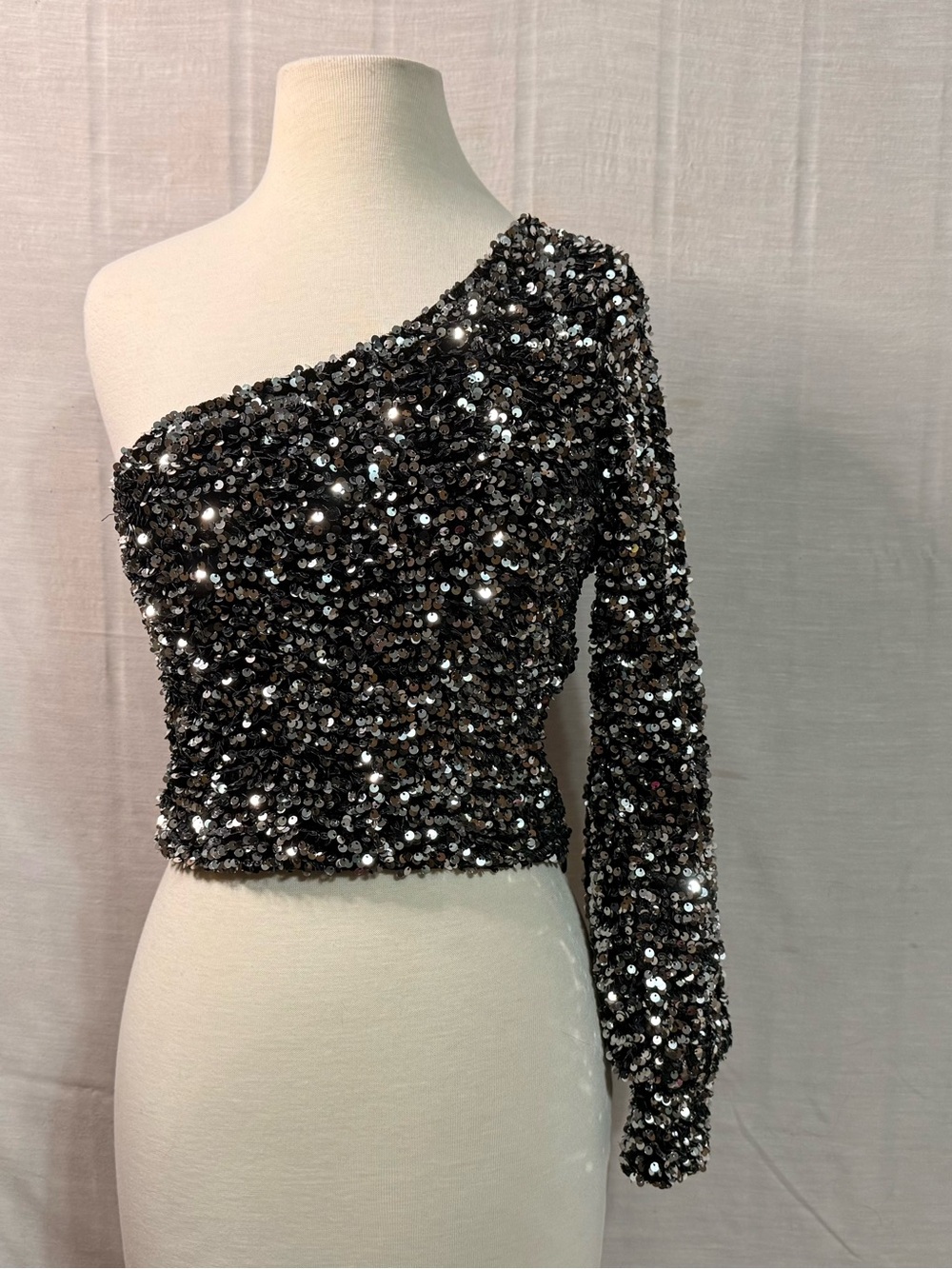 Audrey Paris Francesca’s Sequin One Shoulder Crop Top Black Silver S